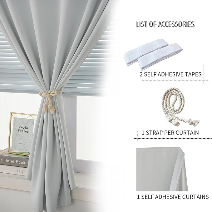 self Adhesive Curtains Portable Blackout Curtain Simple and Easy to Install Bedroom Window Thermal Lnsulated Kitchen Room Darkening Black Small Drapes, 59" W X 71" L, White, 1 Panel