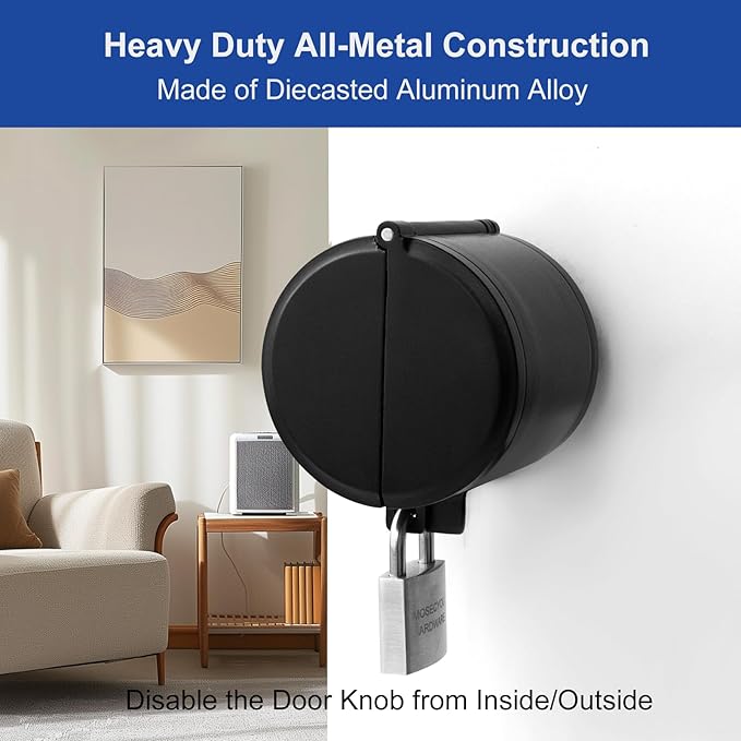 Door Knob Locking Cover with Padlock, Heavy Duty All Metal Version, Adjustable Design, Lockout Device to Disable Doorknob, Prevents Turning & Block Keyhole Access, Safety for Child/Elderly