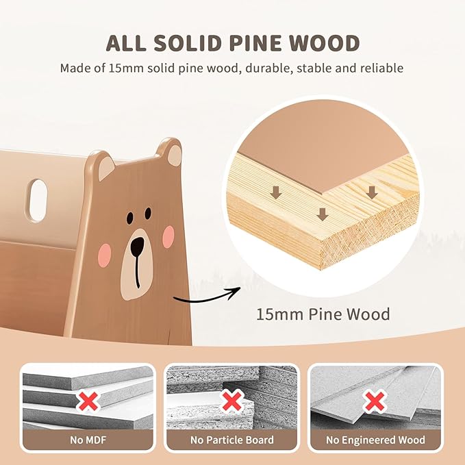 OOOK Montessori Bookshelf for Kids, Pine Wood Baby Bookshelf, Bear Toddler Book Shelf for Nursery, Playroom, Classroom