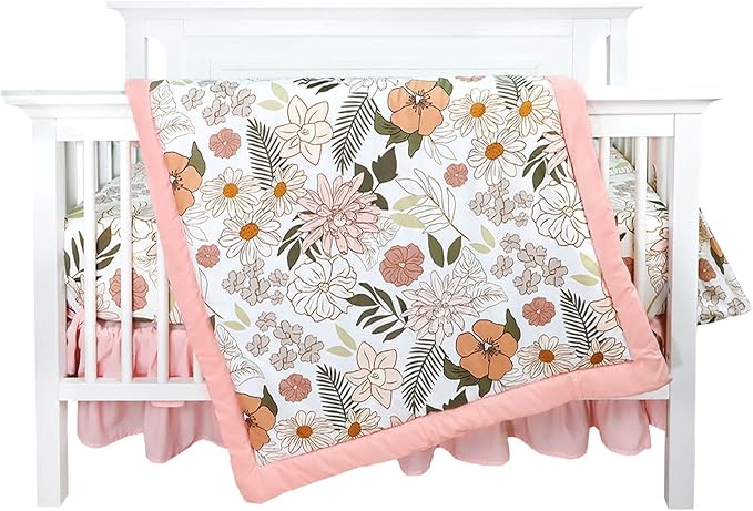 4-Piece Crib Bedding Set for Girls, Pink Baby Girl Bedding Set with Crib Skirt, Baby Quilt, Crib Sheet and Diaper Stacker, Daisy Flower