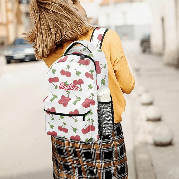 Cherry Pattern Custom Kids Backpack 16.5 Inch for Boy Girl, Personalized Waterproof Child School Travel Bag with Name