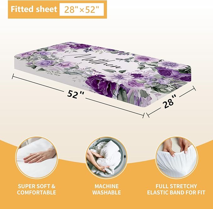 Personalized Baby Bedding Set - 5 Pcs Custom Toddlers Bedding Set with Infant Name - Soft Double Layer Nursery Crib Set for Girls Boys - Customized Infant Gifts for Baby Shower - Purple Flowers