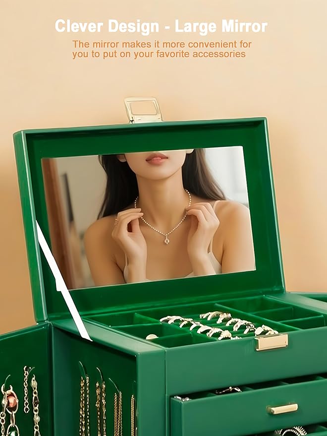 BOOVO Jewelry Box For women, 6 Layer Large Jewelry Organizer With Mirror, Multi-Function Storage Box With Lock, Necklace Holder With 5 Drawers, For Earrings Necklace Bracelet (Green and Gold)