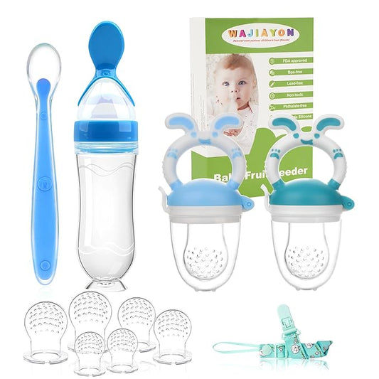 WAJIAYON Baby Fruit Feeder Pacifier | 2 Infant Food Feeder Pacifier & Baby Food Dispensing Spoon | Mesh Fresh Fruit Teethers for Babies Teething Feeders | Shower Gifts for Boys and Girls (Blue)