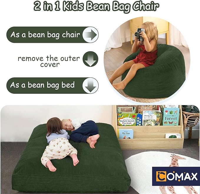 COMAX Kids Bean Bag Chair Turn into Beanbag Bed, Toddler Bean Chair Corduroy for Girl Boy Sleeping, Lazy Children Bean Bags with Filler, Convertible Child Floor Mattress, Dark Green
