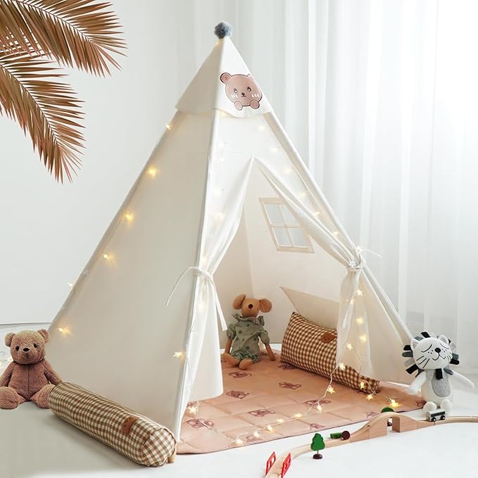 Teepee Tent for Kids-Portable Children Play Tent Indoor Outdoor (White with Mat)