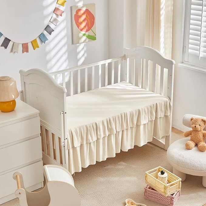 Mini Crib Bedding Set 3 Pieces Baby Boho Quilted Tufted Ruffles Comforter with Fitted Sheet and Ruffled Bed Skirt - Cute Shabby Baby Bedding Fits Mini Crib Only Cream White