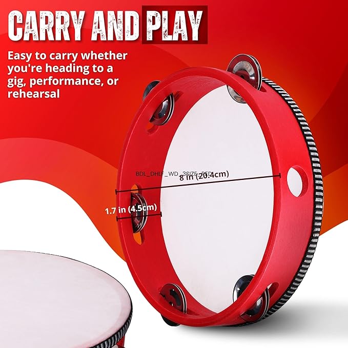 Flexzion Wood Handheld Tambourine 8" Inch Single Row 5 Pair Jingles (2 Pack, Red) - Hand Held Percussion Drum Moon Musical Tambourine with Ergonomic Handle Grip