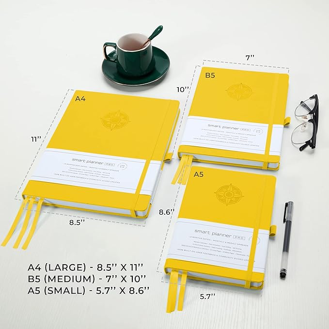 Smart Planner Pro – Undated Daily Planner – Small A5 – Achieve Goals & Increase Productivity – Weekly, Monthly, Work Sections, Organizer Diary with Back Pocket, 3 Satin Bookmarks & Pen Holder