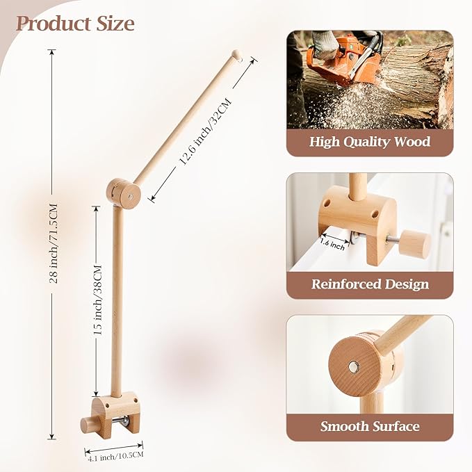 Baby Crib Mobile Arm - Wooden Mobile Arm with Height Adjustable＆360° Rotatable Upgraded Arched Base Nursery Mobile Holder for Crib Mobile Hanger Baby Crib Attachment Nursery Decor