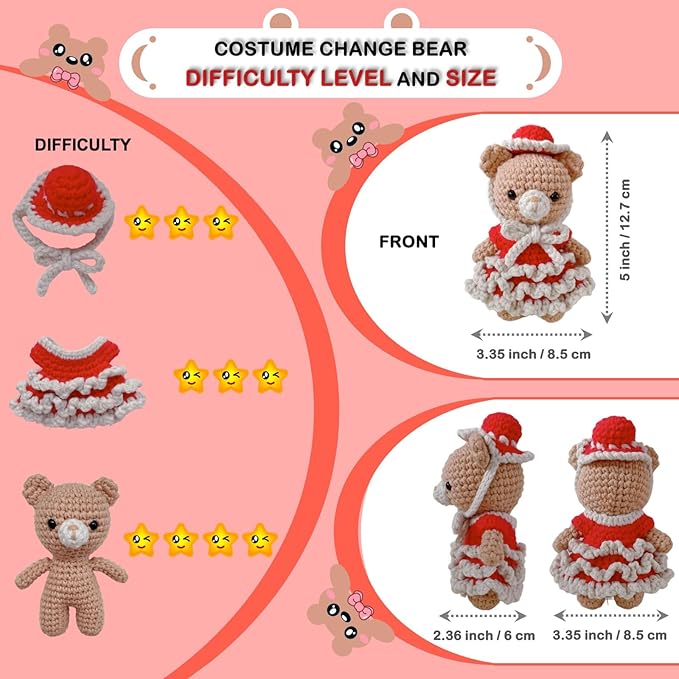 LoopMap Crochet Kit for Beginners - DIY Amigurumi Bear with Removable Dress & Accessories - Step-by-Step Video Tutorials, Extra Yarn, Crochet Tools, Handmade Gift for Kids & Adults (Bear K02, red)