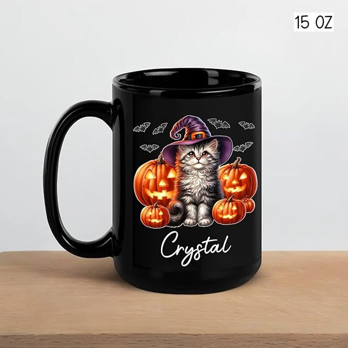 Personalized Halloween American Curl Ceramic Mug 11oz 15oz, Custom Name American Curl Wearing Witch Hat Coffee Cup, Cat with Pumpkins Halloween Black Cup, Spooky Cat Mug Gift for Pet Lover