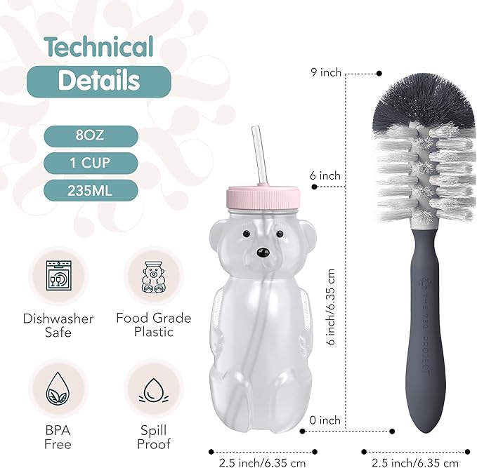 Honey Bear Straw Cup for Babies, 8oz Honey BearCup with Bottle Brush, 2-Pack Improved Lid Therapy Learning Honeybear Straw Cup for Baby, Cherry Blossom & Unicorn