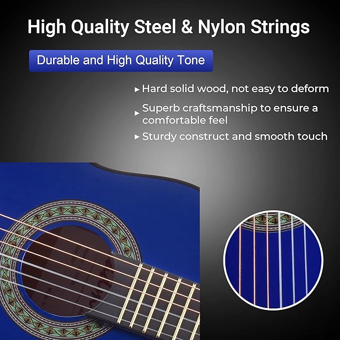 ADM Beginner Acoustic Classical Guitar 30 Inch Nylon Strings Wooden Guitar Bundle Kit for Kid Boy Girl Student Youth Guitarra Online Lessons with Gig Bag, Strap, Tuner, Extra Strings, Picks,Blue