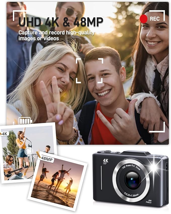 Digital Camera, FHD 1080P Kids Camera Digital with 16x Zoom Anti Shake, 32GB Card, 4K 48MP Portable Compact Point and Shoot Cameras, Vintage Small Camera for Teens Beginner Kids Present