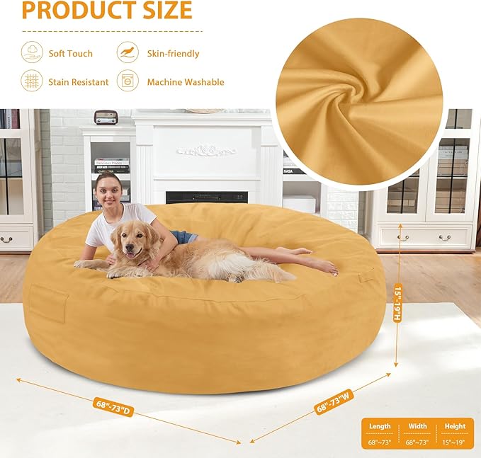 7FT Bean Bag Chair, Large Bean Bag Chairs with Memory Foam Filled, Fluffy Beanbag Sofa with Dutch Velvet Cover, Round BeanBag Chairs for Living Room, Playroom - Mustard