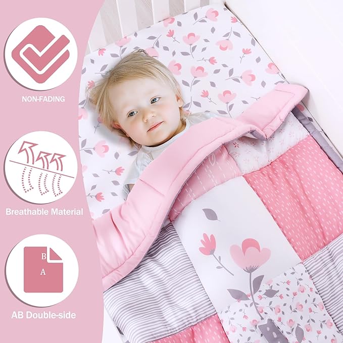 Cloele Elephant Crib Bedding Set for Girls - 3 Piece Baby Bedding Set Includes Comforter Fitted Sheet Crib Skirt - Pink Floral Standard Size Nursery Bedding Set Baby Crib Set for Girls