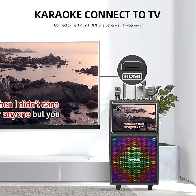 Karaoke Machine with Lyrics Display Screen for Adults, Built-in 15 Inches Tablet, Bluetooth Speaker with 2 Wireless Mics, 1000W Peak Power, DJ Lights, Portable Karaoke System for Any Occasion