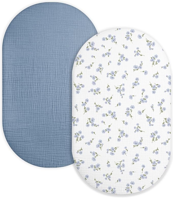 Bassinet Sheet for Baby Boy and Girl 2 Pack, Fitted Sheets for Rectangle, Oval, Hourglass Bassinet Mattress, Muslin Moses Basket Sheets with Neutral Style (Bluebell Bloom & Light Blue)