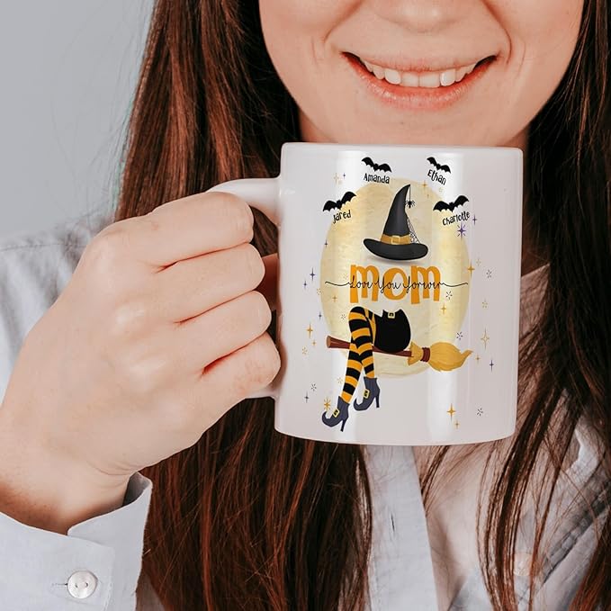 Personalized Halloween Witch Mom Mug With Kids Names - Coffee Cup Gift for Women - 11 or 15 Oz Fall Gift