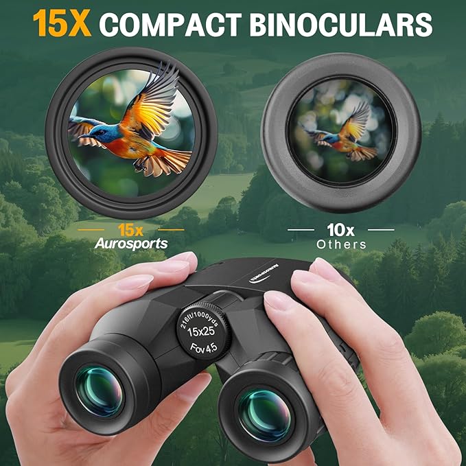 Aurosports 15x25 Compact Binoculars for Adult Kids - High Power Binoculars for Bird Watching - Easy Focus Small Binocular with Low Light Vision for Travel, Camping, Concert, Hiking