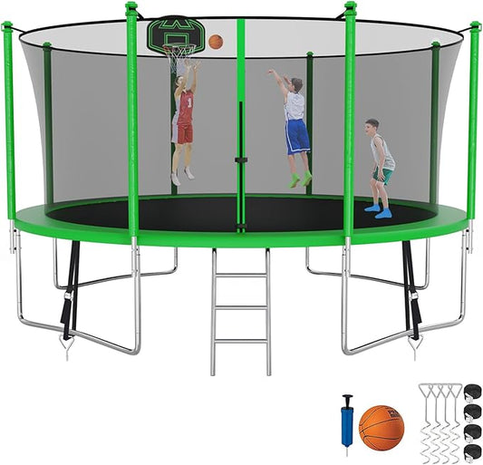 SKYUP Tranpoline 1500LBS 16 15 14 12 10 8 FT Tranpoline for 7-10 Kids and Adults, Windproof Outdoor Tranpoline with Enclosure Net, Basketball Hoop, Easy to Install & Last Long - ASTM Approved