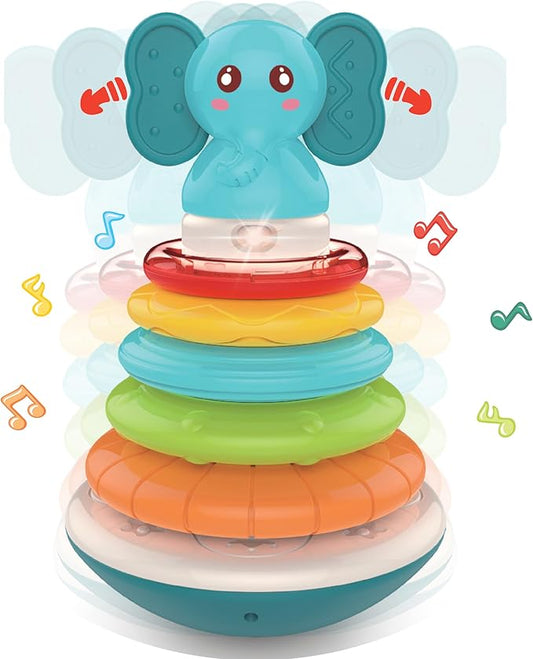 PlenPLAY Baby Tummy Time Toys - Musical Stacking Rings for Toddlers 1-3, Sensory Learning Toys with Elephant Themed Stackable Rings