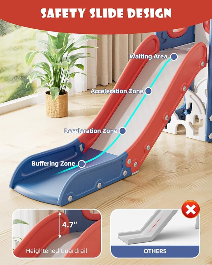 YUFU 12 in 1 Kids Slide for Toddlers, Toddler Slide Playset with Golf, Drawing Board, Climber, Basketball Hoop and Storage Space, Indoor Outdoor Toddler Playground for Kids Age 1-3 (Blue Red)