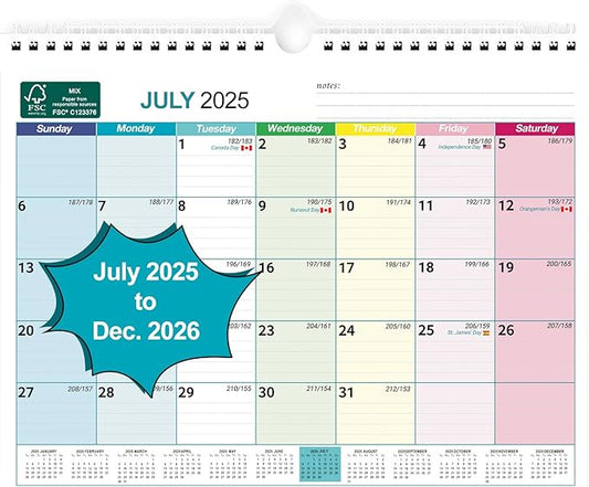BOCT Wall Calendar 2025-2026 - Includes July 2025 to December 2026-18 Monthly Daily Planner 13 x 9.6 Inches, Julian Dates for New Year Christmas Gifts