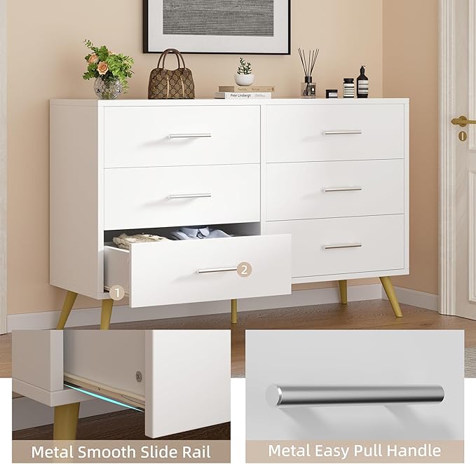 Shintenchi 6 Drawer Dresser, Wide Chest of Drawers Organizer Storage with Drawers, Large Storage Cabinet, Modern Design Dresser for Bedroom, Living Room, Porch, White