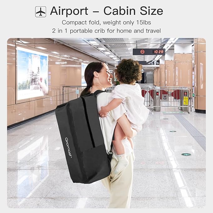 2 in 1 Portable Travel Crib for Toddler, Foldable Crib for Baby, Lightweight Playpen Collapsible Playard with Soft Mattress, Easy to Carry Baby Travel Bed for Outdoor, Indoor (Black)