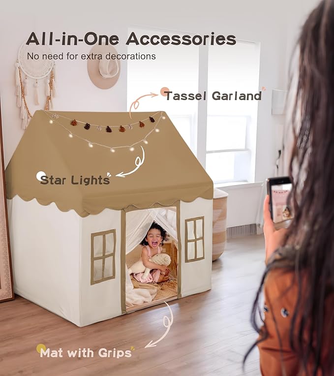 Play Tent with Mat, Star Light Large Kids Playhouse with Windows Easy to Wash, Indoor and Outdoor Play Tents for Kids, Little Dove Toys for Girls, Boys, 47x40x52 (Brown Playhouse, Large Size)