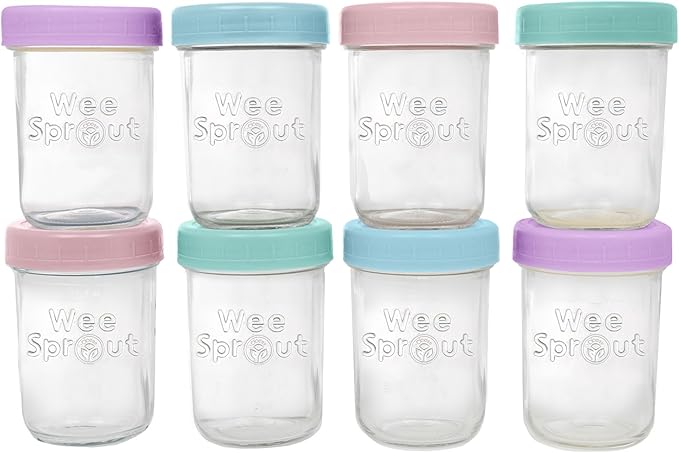 WeeSprout Baby Food Storage Glass Jars w/Lids (8 oz, 8 Pack) Pastel Variety, Snack, Reusable Small Containers, Fridge or Freezer, Microwave & Dishwasher Safe, Essentials for Infants