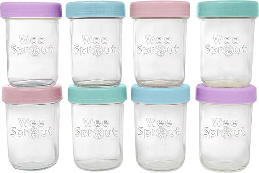 WeeSprout Baby Food Storage Glass Jars w/Lids (8 oz, 8 Pack) Pastel Variety, Snack, Reusable Small Containers, Fridge or Freezer, Microwave & Dishwasher Safe, Essentials for Infants