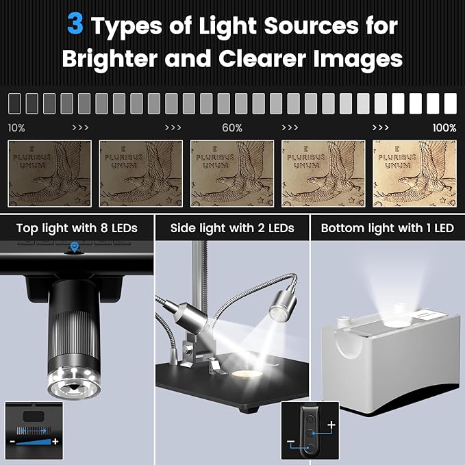 Andonstar AD210 10.1 Inch LCD Digital Microscope for Adults, Soldering Microscope for Electronics Repair, Coin Microscope Camera Full View for Error Coins with Light, Biological Slides Kit, 32G Card