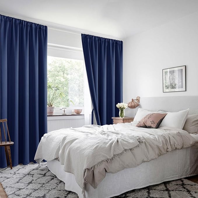 XWZO 100% Blackout Curtains with Tiebacks- Thermal Insulated Black Liner Curtains, Noise Reducing and Heat Blocking Rod Pocket Drapes for Hall and Studio Windows, Navy Blue, W52 x L95, Set of 2
