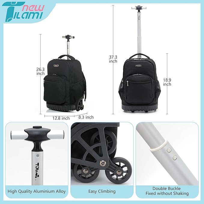 NEW TILAMI 18 inch Rolling Backpack for Kids - Waterproof, Stair-Climbing, Durable, Personalized Design for School, Travel, Black