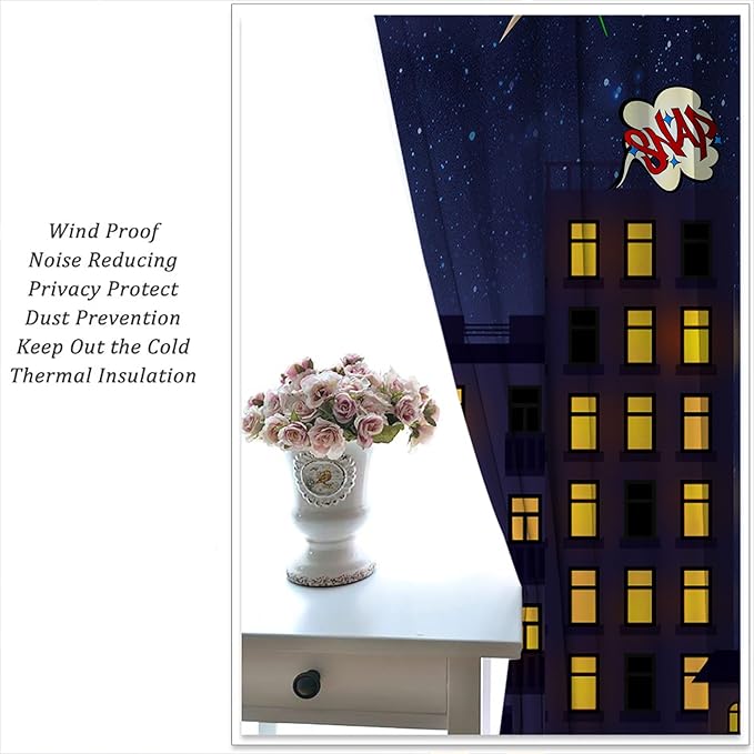 Super Hero Rod Pocket Blackout Curtains for Boy Girl Bedroom, Exploding City Starry Cartoon Skyline Thermal Insulated Home Window Drapes for Living Room Darkening, 84x72 inch