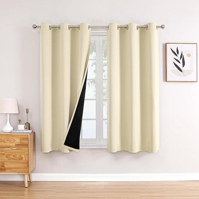 ChrisDowa 100% Blackout Curtains 54 inch Long for Bedroom with Black Liner, 2 Thick Layers Total Blackout Thermal Insulated Grommet Window Curtains 2 Panels Set (Light Beige, 42 x 54 Inch)