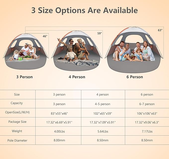 NXONE Beach Tent Sun Shade Shelter for 3/4/6 Person Person with UV Protection, Extended Floor, 3 Mesh Roll Up Windows & 8.0/8.5mm Fiberglass Rods丨Carry Bag Included