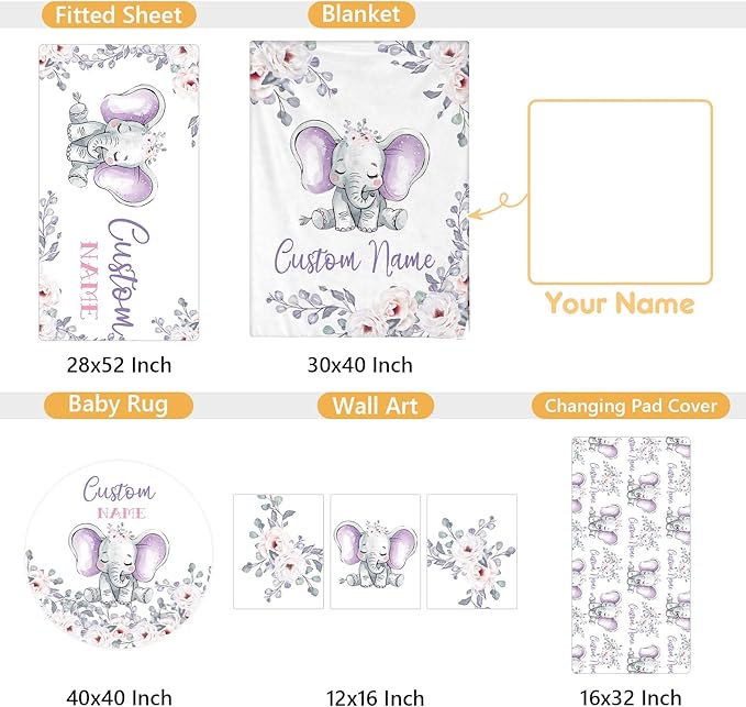 Personalized Baby Crib Bedding Set, 5 Pcs Custom Name Nursery Bedding Set, Purple Elephants Baby Bedding Set for Girls Boys, Double Layer Baby Crib Sets, Customized Gifts for Toddlers Infants