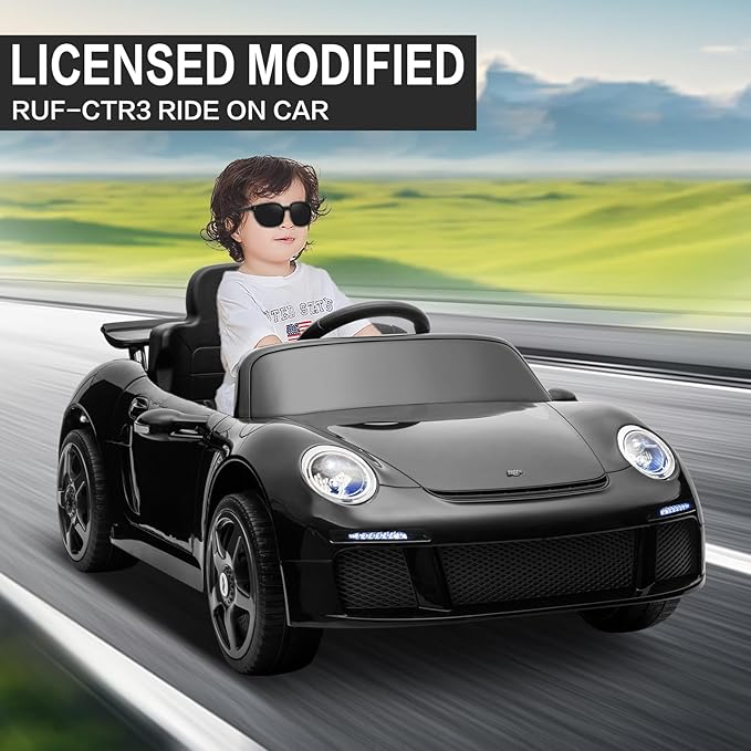 Licensed RUF CTR3 12V Kids Electric Car with Parent Remote Control, 2 Motors, 3 Speeds, LED Lights, MP3 Player | Battery Powered Ride-On Toy for Kids to Drive - Black
