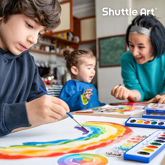 Shuttle Art 8 Colors Watercolor Paint Set, 60 Pack with Paint Brushes & Color Wheels, Washable for Kids & Adults, Suitable for Classroom, Parties, Kindergarten & Art