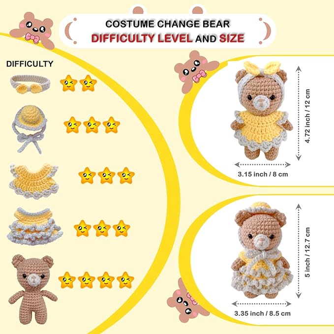 LoopMap Crochet Kit for Beginners - DIY Amigurumi Bear with Removable Dress & Accessories, Step-by-Step Video Tutorials, Extra Yarn, Crochet Tools, Handmade Gift for Kids & Adults(Bear-Yellow)