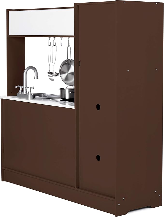 Amazon Basics Kids Upright Wooden Kitchen Toy Playset with Stove, Oven, Sink, Fridge and Accessories, for Toddlers, Preschoolers, Children Age 3+ Years, Espresso/Gray, 39x11.8x39''