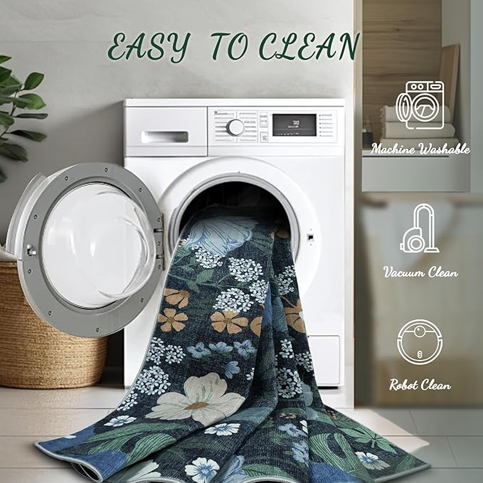 8x10 Area Rug for Living Room: Vintage Floral Washable Rug Soft Boho Non Slip Carpet Large Indoor Floor Non Shedding Low Pile Thin Carpets for Bedroom Dining Room Farmhouse Nursery Home Office Blue