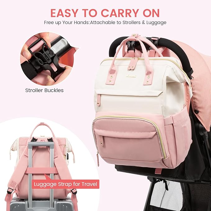 LOVEVOOK Diaper Bag Backpack, Baby Bag with Changing Station, Large Diaper Backpack for Moms Dads, Waterproof Leather Accents Baby Boy and Girl Bag for Travel Baby Essentials, Pink-Beige