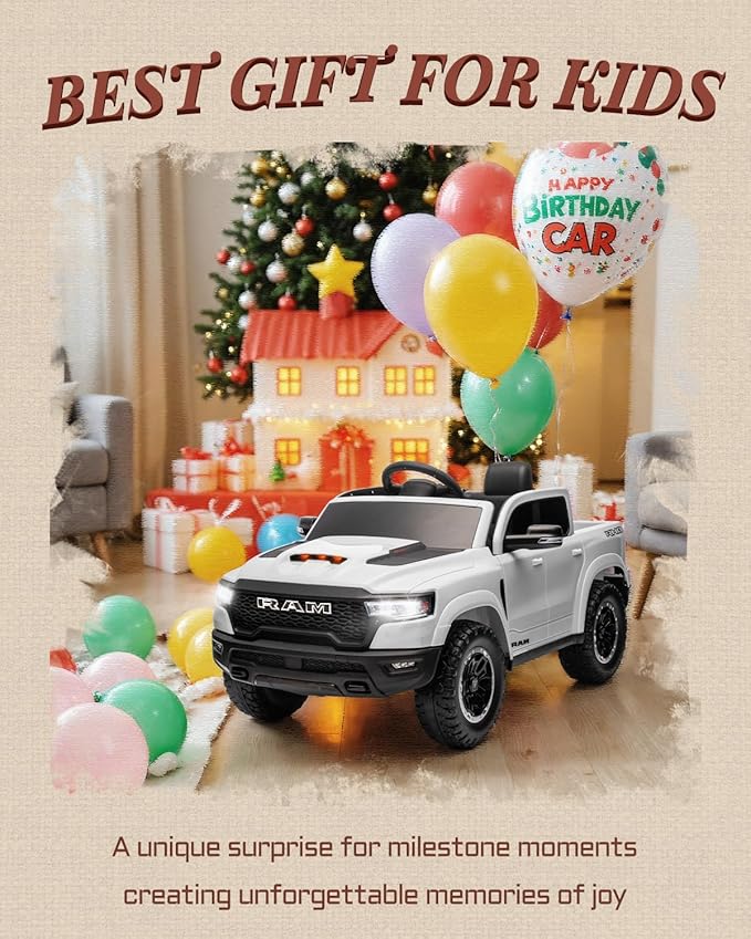 Licensed Ram 1500 RHO 12V Kids Ride on Truck, Toddler Ride on Toys with Remote Control, Children Electric Vehicles with Truck Bed Storage, Smooth Start, Music, Bluetooth (White)