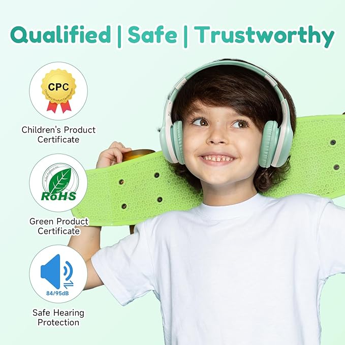 EarFun K2 Kids Bluetooth Headphones, Kids Headphones with Volume Limited, 40H Playtime, Built-in Mic, Stereo Sound, Foldable Over-Ear Headphone for School/Travel/iPad/Tablet, Green