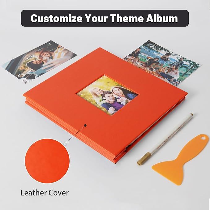 RECUTMS Photo Album Self Adhesive Magnetic Scrapbook 4x6 5x7 8x10 Pictures Scrapbook Album, 40 Pages Photo Book for DIY Baby Family Wedding with Metal Pen and Plastic Board (Orange)